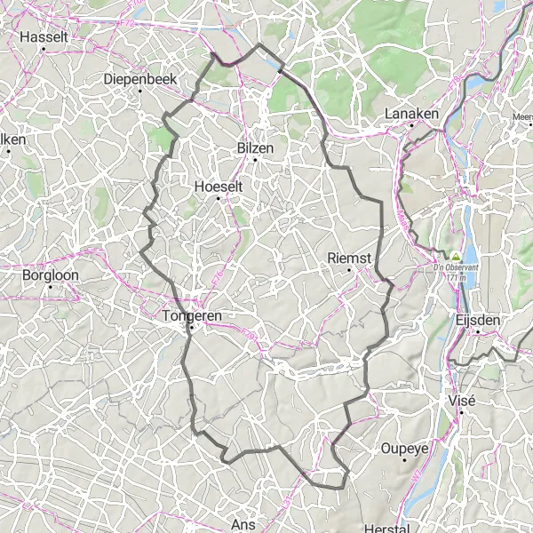 Miniature de la carte de l'inspiration cycliste "Les Villages de la Hesbaye" dans la Prov. Liège, Belgium. Générée par le planificateur d'itinéraire cycliste Tarmacs.app