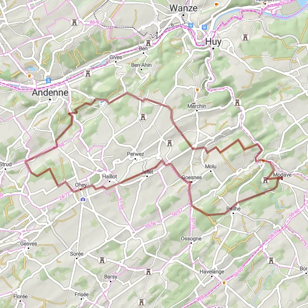 Miniature de la carte de l'inspiration cycliste "Boucle de gravel Goesnes-Haltinne-Solières" dans la Prov. Liège, Belgium. Générée par le planificateur d'itinéraire cycliste Tarmacs.app