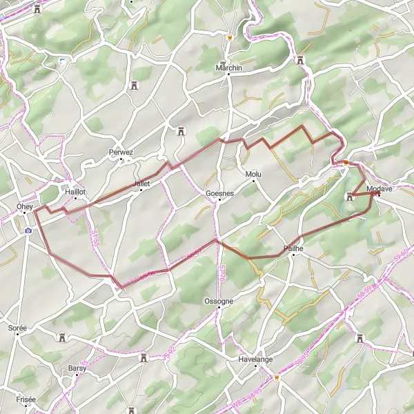 Karten-Miniaturansicht der Radinspiration "Gravel-Abenteuer um Modave" in Prov. Liège, Belgium. Erstellt vom Tarmacs.app-Routenplaner für Radtouren