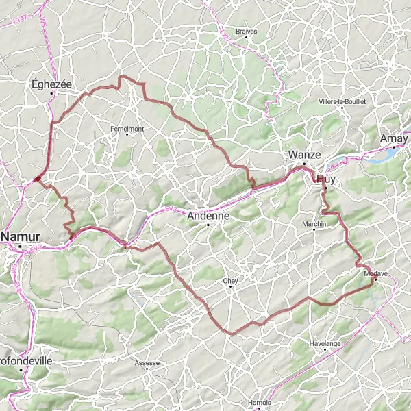 Map miniature of "Gravel Expedition: Modave to Ferme-Château du Vieux-Barse" cycling inspiration in Prov. Liège, Belgium. Generated by Tarmacs.app cycling route planner