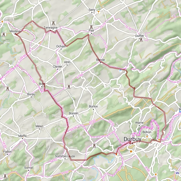 Map miniature of "Gravel Cycling: Modave to Bende" cycling inspiration in Prov. Liège, Belgium. Generated by Tarmacs.app cycling route planner