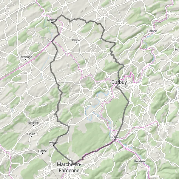 Miniatuurkaart van de fietsinspiratie "Modave en omgeving" in Prov. Liège, Belgium. Gemaakt door de Tarmacs.app fietsrouteplanner