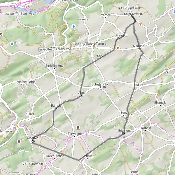 Miniature de la carte de l'inspiration cycliste "Parcours Champêtre de Modave" dans la Prov. Liège, Belgium. Générée par le planificateur d'itinéraire cycliste Tarmacs.app