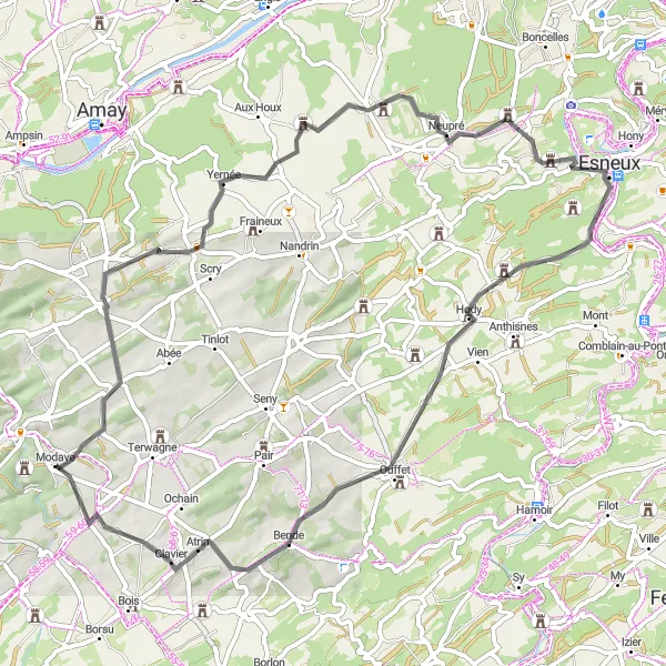 Miniatuurkaart van de fietsinspiratie "Korte fietstocht rond Modave" in Prov. Liège, Belgium. Gemaakt door de Tarmacs.app fietsrouteplanner