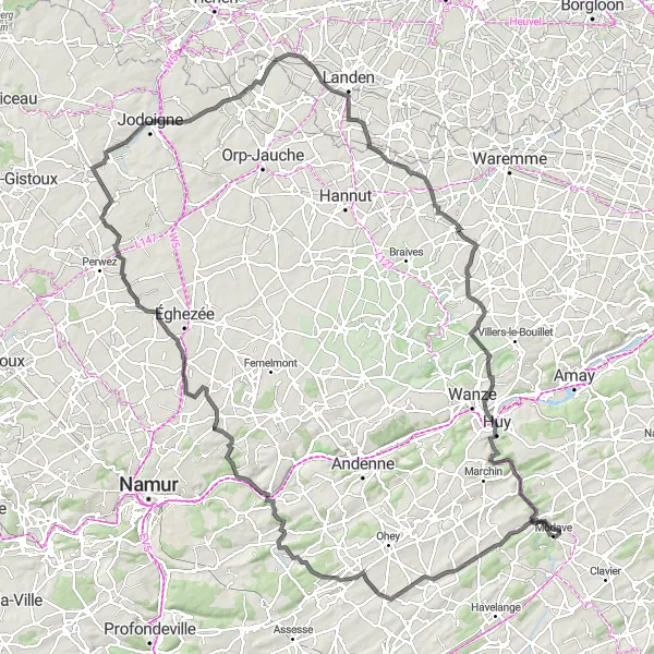 Karten-Miniaturansicht der Radinspiration "Panorama-Tour durch Modave und Umgebung" in Prov. Liège, Belgium. Erstellt vom Tarmacs.app-Routenplaner für Radtouren