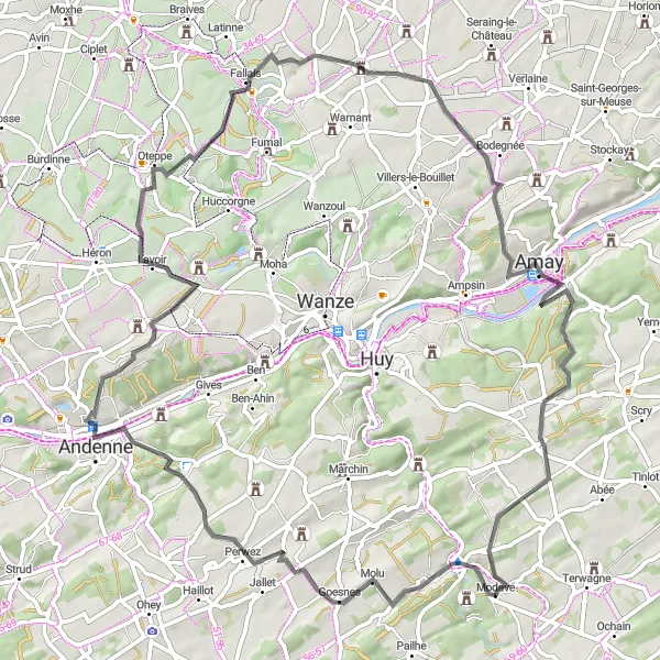 Miniatuurkaart van de fietsinspiratie "Rondrit met spectaculair uitzicht en historische bezienswaardigheden" in Prov. Liège, Belgium. Gemaakt door de Tarmacs.app fietsrouteplanner