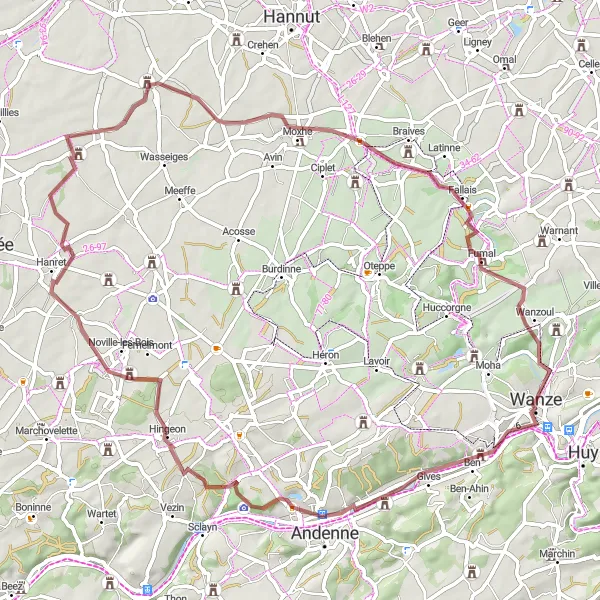 Miniatuurkaart van de fietsinspiratie "66km Gravelavontuur rond Moha" in Prov. Liège, Belgium. Gemaakt door de Tarmacs.app fietsrouteplanner