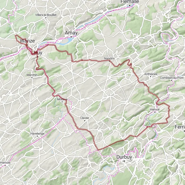 Miniatuurkaart van de fietsinspiratie "Gravelroute vanuit Moha via Tihange, Villers-le-Temple en Fairon" in Prov. Liège, Belgium. Gemaakt door de Tarmacs.app fietsrouteplanner