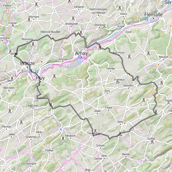Miniature de la carte de l'inspiration cycliste "La boucle Moha-Tavier-Wanze" dans la Prov. Liège, Belgium. Générée par le planificateur d'itinéraire cycliste Tarmacs.app
