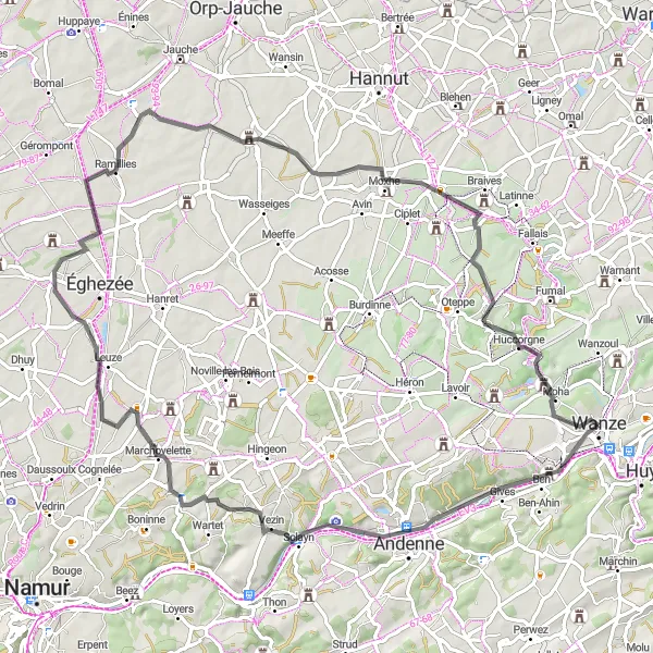 Miniatuurkaart van de fietsinspiratie "77km Wegtocht rond Moha" in Prov. Liège, Belgium. Gemaakt door de Tarmacs.app fietsrouteplanner