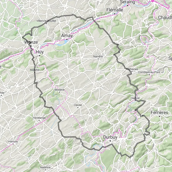 Miniatuurkaart van de fietsinspiratie "Kasteelroute door Condroz en Ardennen" in Prov. Liège, Belgium. Gemaakt door de Tarmacs.app fietsrouteplanner