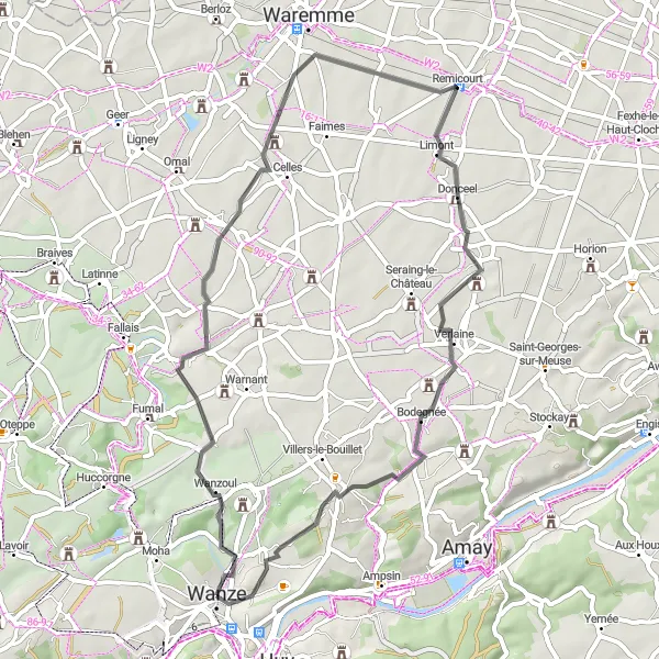 Miniatuurkaart van de fietsinspiratie "48km Wegfietsen rond Moha" in Prov. Liège, Belgium. Gemaakt door de Tarmacs.app fietsrouteplanner