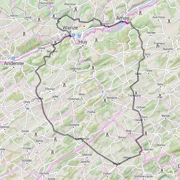Miniatuurkaart van de fietsinspiratie "Route vanuit Moha via Ampsin, Chardeneux en Verlée" in Prov. Liège, Belgium. Gemaakt door de Tarmacs.app fietsrouteplanner