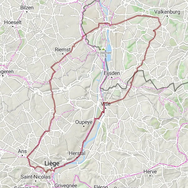 Karten-Miniaturansicht der Radinspiration "Gravelabenteuer in der Nähe von Montegnée" in Prov. Liège, Belgium. Erstellt vom Tarmacs.app-Routenplaner für Radtouren