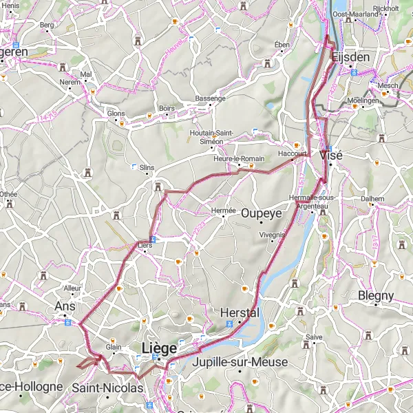 Miniature de la carte de l'inspiration cycliste "Parcours de Gravel autour de Montegnée" dans la Prov. Liège, Belgium. Générée par le planificateur d'itinéraire cycliste Tarmacs.app