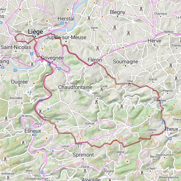 Miniature de la carte de l'inspiration cycliste "Escapade en Gravel avec Points de Vue Panoramiques" dans la Prov. Liège, Belgium. Générée par le planificateur d'itinéraire cycliste Tarmacs.app