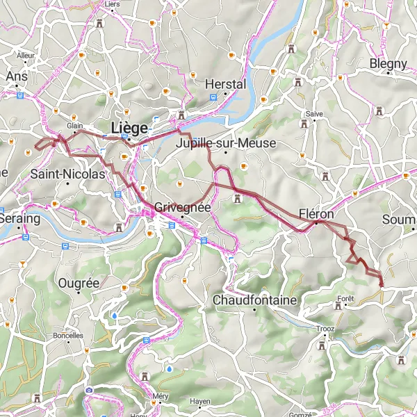 Map miniature of "Gravel Route through Montegnée" cycling inspiration in Prov. Liège, Belgium. Generated by Tarmacs.app cycling route planner