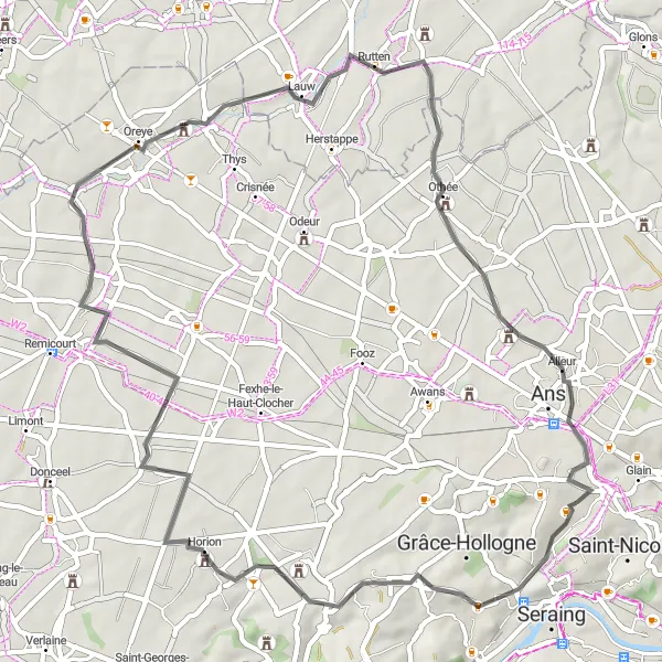 Karten-Miniaturansicht der Radinspiration "Schlösser und schöne Landschaften" in Prov. Liège, Belgium. Erstellt vom Tarmacs.app-Routenplaner für Radtouren