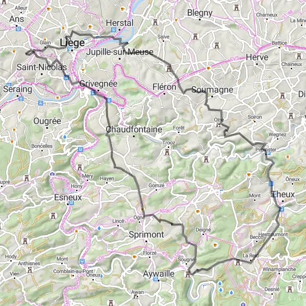 Miniature de la carte de l'inspiration cycliste "Tour Epique à Travers les Vallées et Châteaux" dans la Prov. Liège, Belgium. Générée par le planificateur d'itinéraire cycliste Tarmacs.app