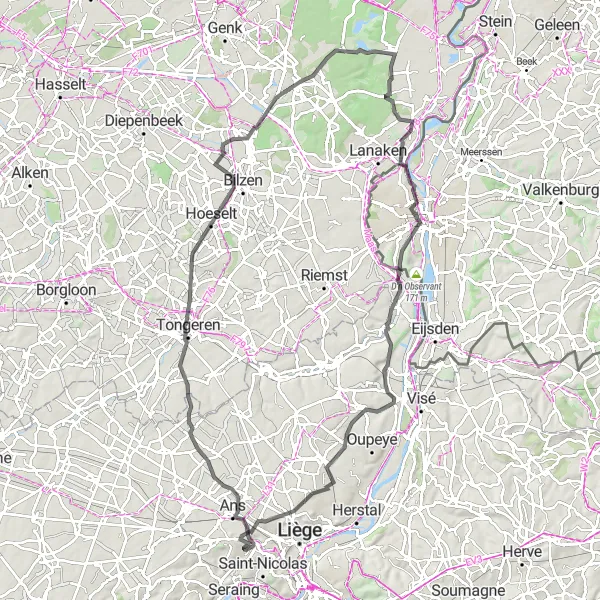 Map miniature of "Road Route through Prov. Liège" cycling inspiration in Prov. Liège, Belgium. Generated by Tarmacs.app cycling route planner