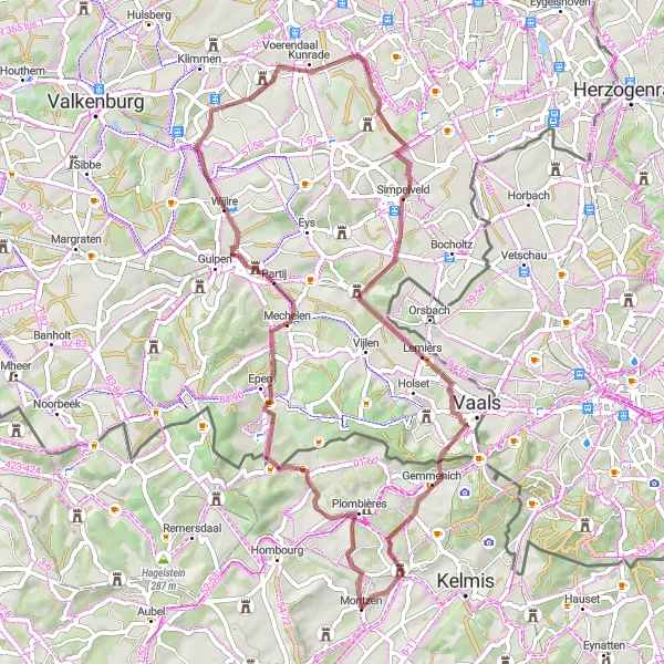 Map miniature of "Off-the-Beaten-Path Gravel Adventure from Montzen" cycling inspiration in Prov. Liège, Belgium. Generated by Tarmacs.app cycling route planner