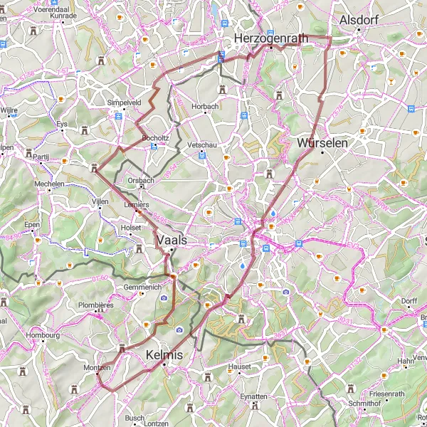 Map miniature of "Montzen to Vaalserberg Gravel Loop" cycling inspiration in Prov. Liège, Belgium. Generated by Tarmacs.app cycling route planner