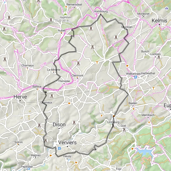 Map miniature of "Montzen to Verviers Loop" cycling inspiration in Prov. Liège, Belgium. Generated by Tarmacs.app cycling route planner