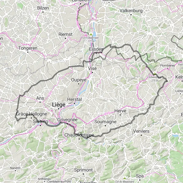 Karten-Miniaturansicht der Radinspiration "Erkundung von Lüttich und Umgebung" in Prov. Liège, Belgium. Erstellt vom Tarmacs.app-Routenplaner für Radtouren