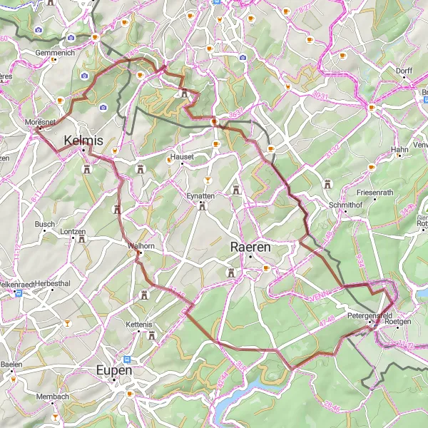 Map miniature of "Gravel Adventure to Walhorn and Kelmis" cycling inspiration in Prov. Liège, Belgium. Generated by Tarmacs.app cycling route planner