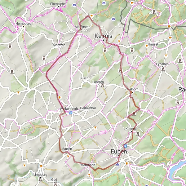 Karten-Miniaturansicht der Radinspiration "Gravel-Rundweg von Moresnet nach Kelmis und zurück" in Prov. Liège, Belgium. Erstellt vom Tarmacs.app-Routenplaner für Radtouren