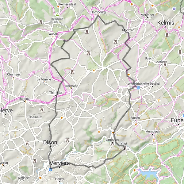 Map miniature of "Road Cycling in Limbourg and Verviers" cycling inspiration in Prov. Liège, Belgium. Generated by Tarmacs.app cycling route planner