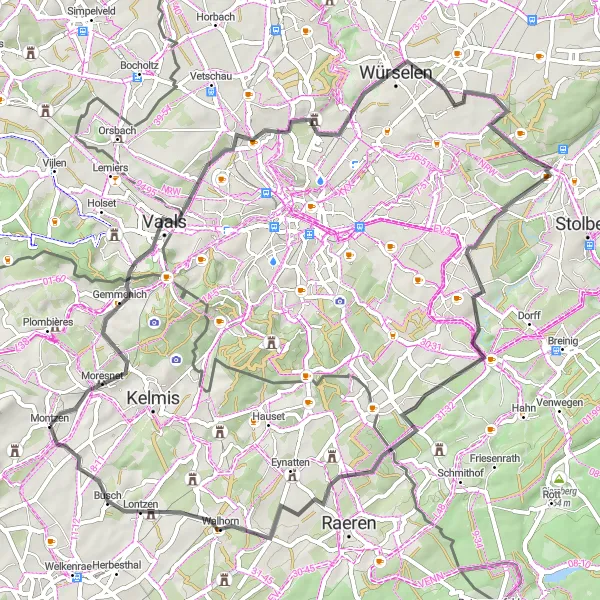 Miniatuurkaart van de fietsinspiratie "Roadtrip door de Grensregio" in Prov. Liège, Belgium. Gemaakt door de Tarmacs.app fietsrouteplanner