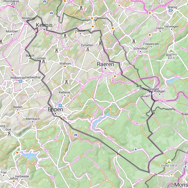 Map miniature of "Legendary Climbs and Castles" cycling inspiration in Prov. Liège, Belgium. Generated by Tarmacs.app cycling route planner