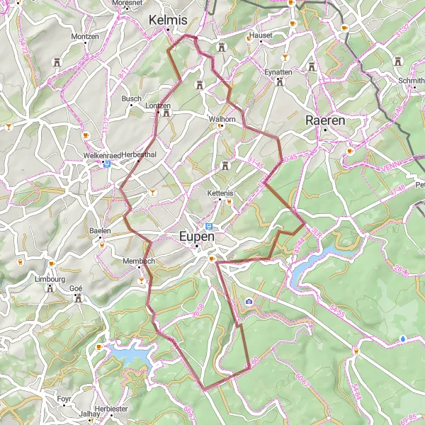 Map miniature of "Hidden Gems Gravel Adventure" cycling inspiration in Prov. Liège, Belgium. Generated by Tarmacs.app cycling route planner