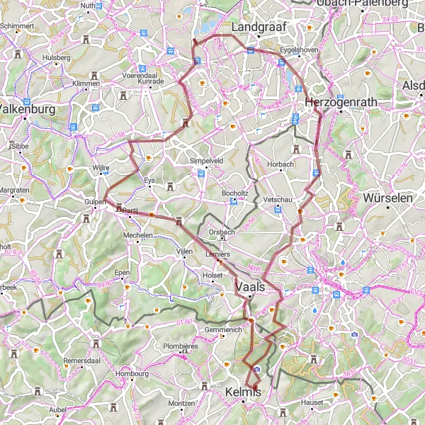 Miniature de la carte de l'inspiration cycliste "Découverte des Collines en Gravel" dans la Prov. Liège, Belgium. Générée par le planificateur d'itinéraire cycliste Tarmacs.app