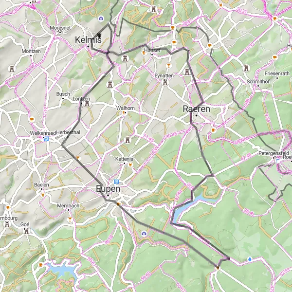 Map miniature of "Beschissenberg to Neu-Moresnet" cycling inspiration in Prov. Liège, Belgium. Generated by Tarmacs.app cycling route planner