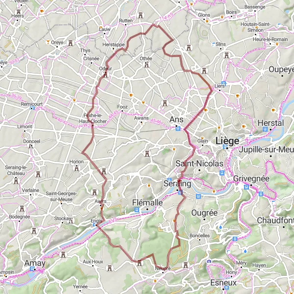 Miniature de la carte de l'inspiration cycliste "Au Coeur de la Hesbaye" dans la Prov. Liège, Belgium. Générée par le planificateur d'itinéraire cycliste Tarmacs.app