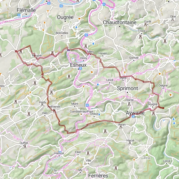 Map miniature of "Gravel Thrills and Castles" cycling inspiration in Prov. Liège, Belgium. Generated by Tarmacs.app cycling route planner