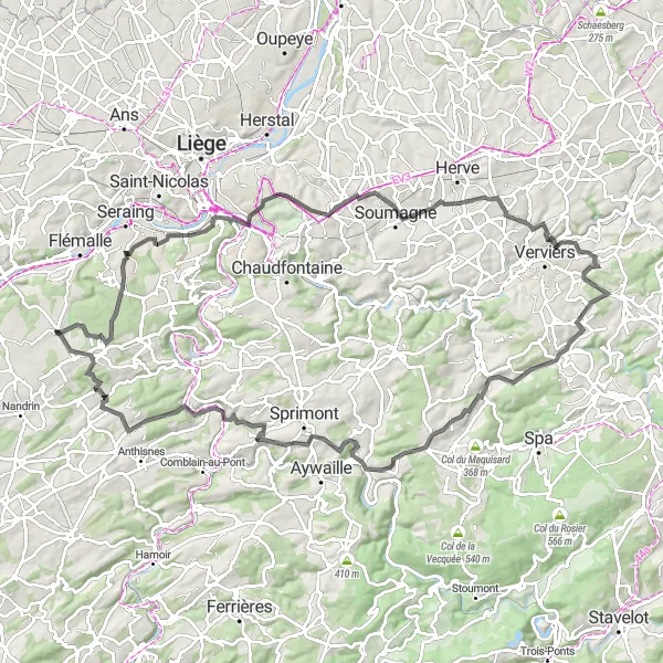 Karten-Miniaturansicht der Radinspiration "Schlösser und Aussichtspunkte" in Prov. Liège, Belgium. Erstellt vom Tarmacs.app-Routenplaner für Radtouren