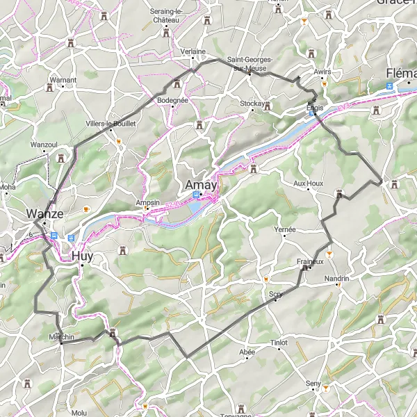 Miniatuurkaart van de fietsinspiratie "Wegfietsroute Fraineux & Marchin Highlights" in Prov. Liège, Belgium. Gemaakt door de Tarmacs.app fietsrouteplanner