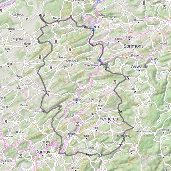 Map miniature of "Châteaus and Stunning Views" cycling inspiration in Prov. Liège, Belgium. Generated by Tarmacs.app cycling route planner