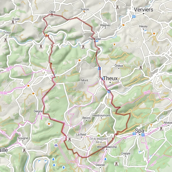 Map miniature of "Gravel Adventure to Château Chrouet" cycling inspiration in Prov. Liège, Belgium. Generated by Tarmacs.app cycling route planner