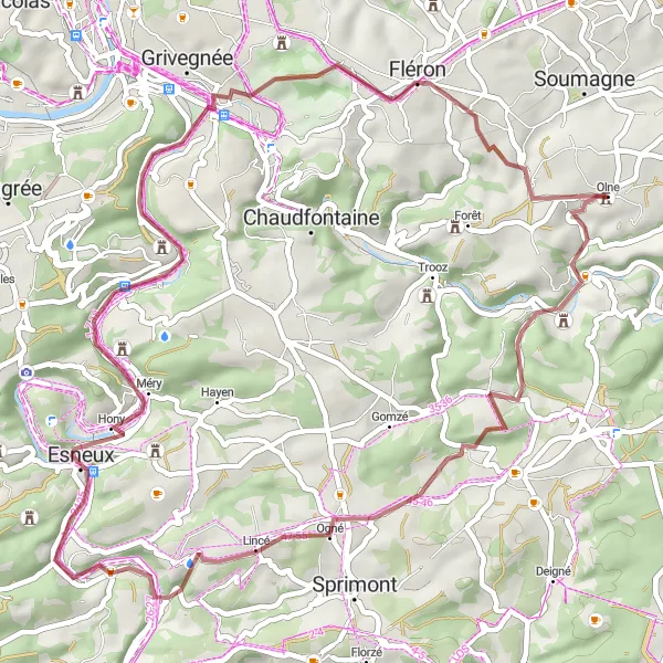 Map miniature of "Countryside and Castle Gravel Ride" cycling inspiration in Prov. Liège, Belgium. Generated by Tarmacs.app cycling route planner