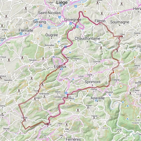 Map miniature of "Exploring the Gravel Paths of Olne" cycling inspiration in Prov. Liège, Belgium. Generated by Tarmacs.app cycling route planner
