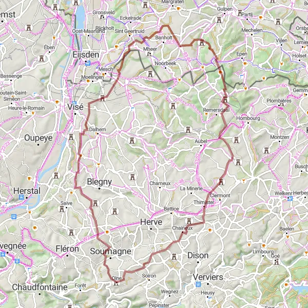 Map miniature of "Sights and Nature Gravel Adventure" cycling inspiration in Prov. Liège, Belgium. Generated by Tarmacs.app cycling route planner