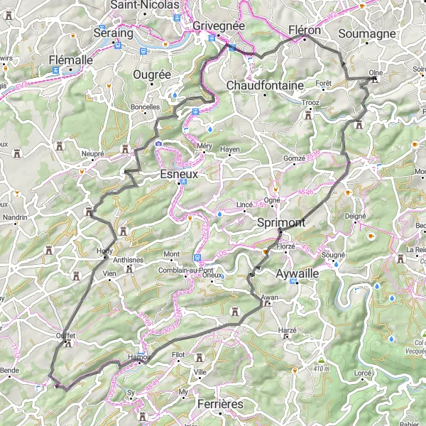 Miniatuurkaart van de fietsinspiratie "Route vanuit Olne via Château Chrouet en Roche aux Faucons" in Prov. Liège, Belgium. Gemaakt door de Tarmacs.app fietsrouteplanner