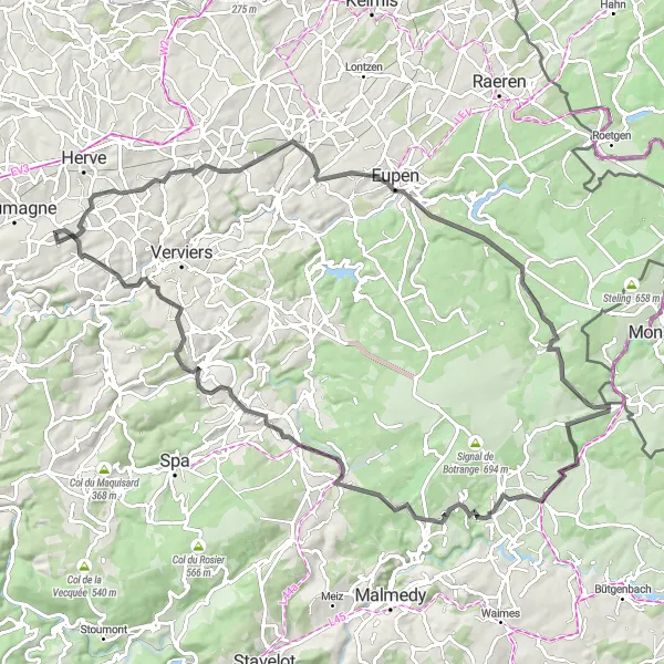 Map miniature of "Mountainous Journey to Soiron" cycling inspiration in Prov. Liège, Belgium. Generated by Tarmacs.app cycling route planner
