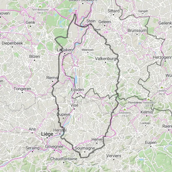 Map miniature of "The Maasmechelen Challenge" cycling inspiration in Prov. Liège, Belgium. Generated by Tarmacs.app cycling route planner