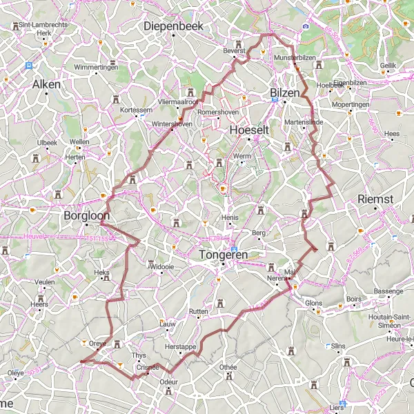 Miniature de la carte de l'inspiration cycliste "Circuit de gravel autour d'Oreye" dans la Prov. Liège, Belgium. Générée par le planificateur d'itinéraire cycliste Tarmacs.app