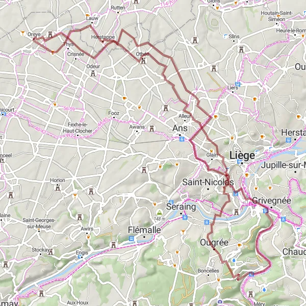 Map miniature of "Oreye - Lantin Gravel Adventure" cycling inspiration in Prov. Liège, Belgium. Generated by Tarmacs.app cycling route planner